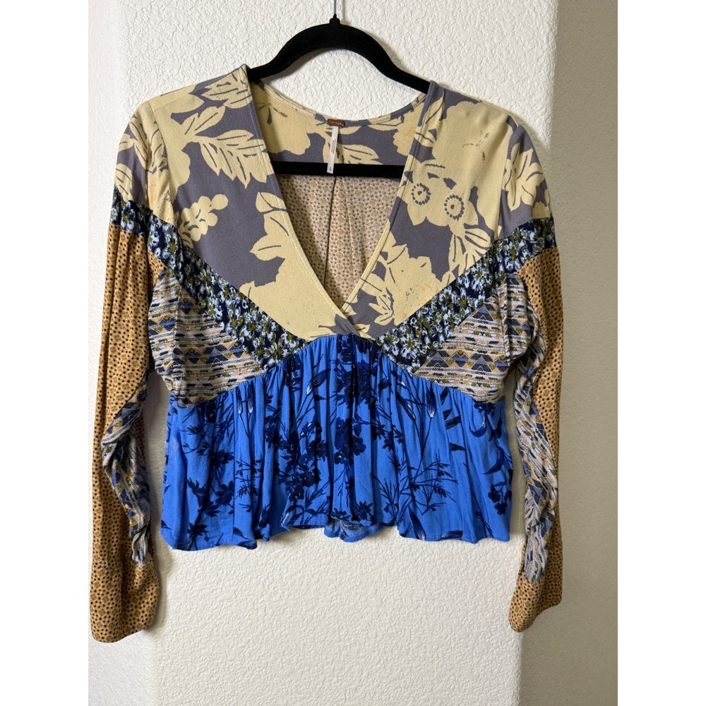 Free People Boho Mixed Print Babydoll Top S Blue Floral High Low Peplum Boho